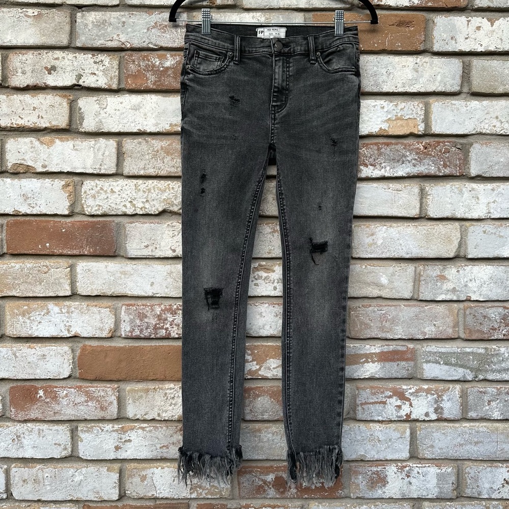 Free People Distressed Faded Black Ripped Fringe Bottom Skinny Jeans